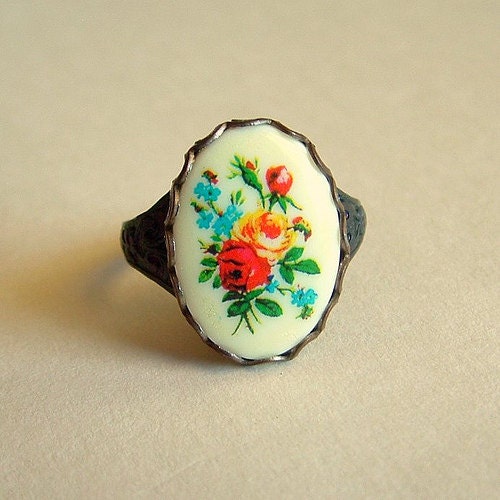 Vintage Rose Cameo Ring Vintage Flower Limoge Cabochon Oxidized Brass Adjustable