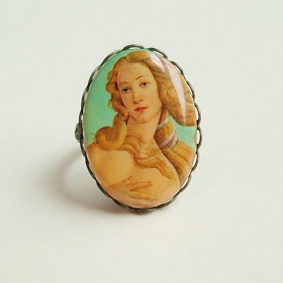 Venus Cameo Ring Vintage Glass Lady Portrait Limoge Adjustable Antiqued Brass Art History