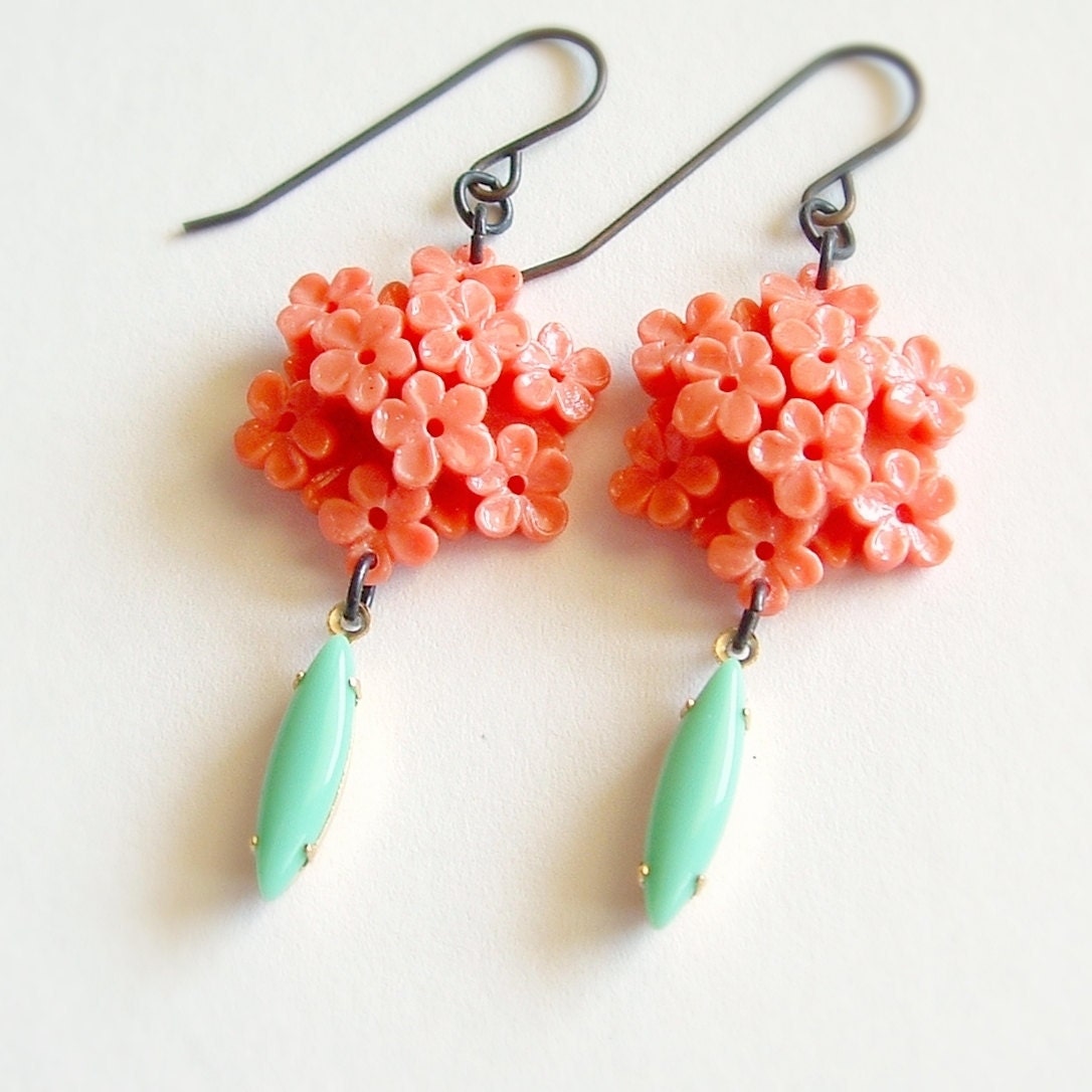 Coral Carved Flower Earrings Vintage Floral Celluloid Coral Aqua Bouquets