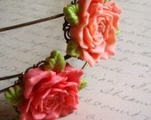 Headband - Antiqued Dark Pink or Salmon Brass Rose Headband - Resin Rose Headband - Romantic, Feminine, Shabby Chic Hair Accessory