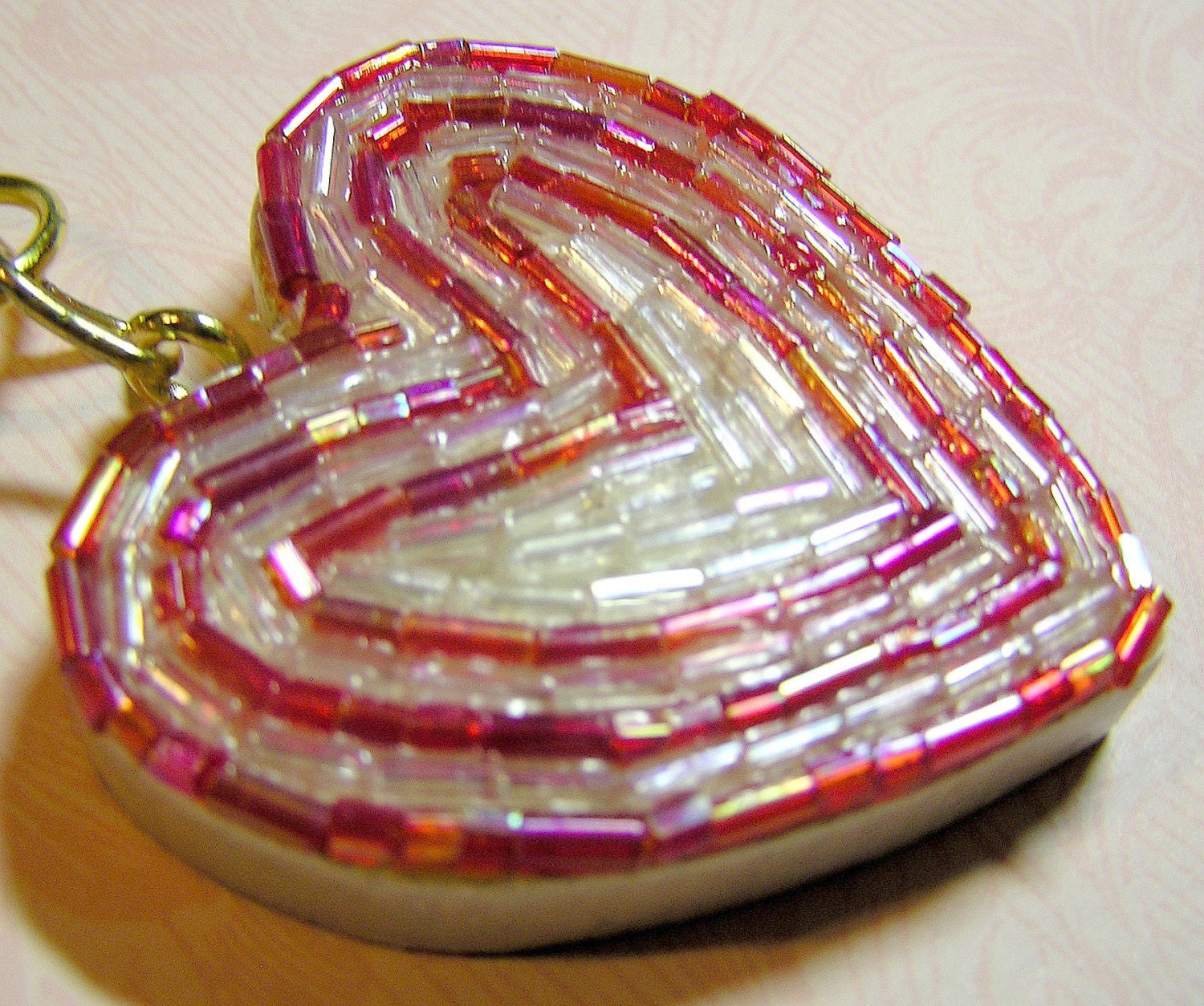 OOAK Iridescent Red and White Beaded Heart Key Chain