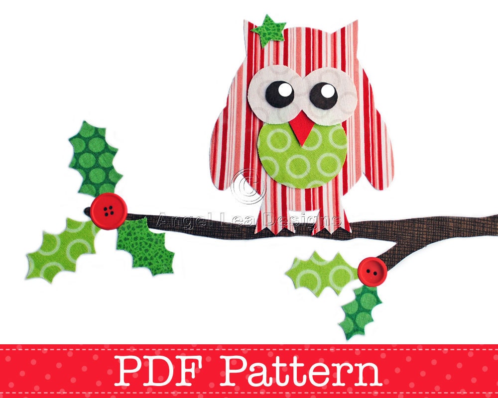 Christmas Owl on Holly Branch Applique Template, DIY, PDF Pattern by Angel Lea Designs