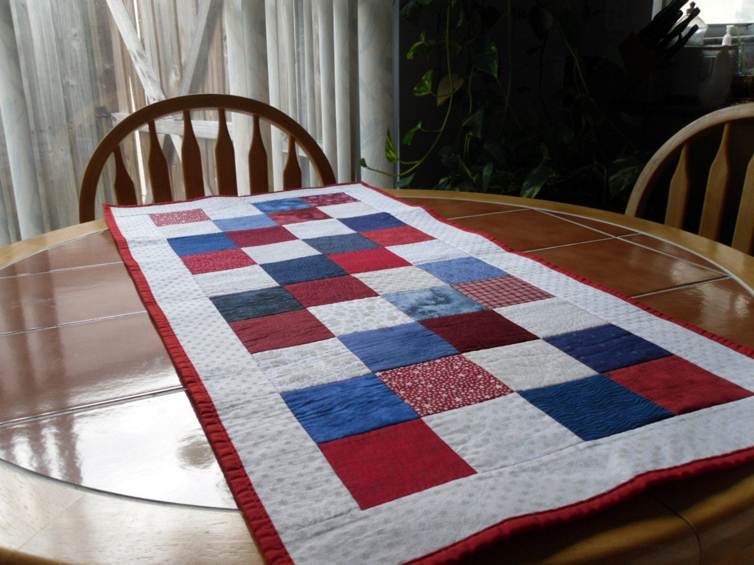 Quilted Patriotic Table Runner - 19 in. x 42 in. Red, white and blue