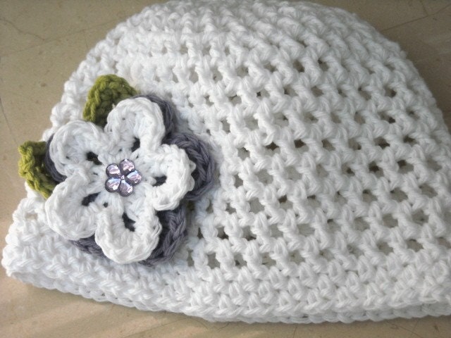 Crochet Summer Beanie Hat in White with Flowers Handmade Infant to Womens Sizes