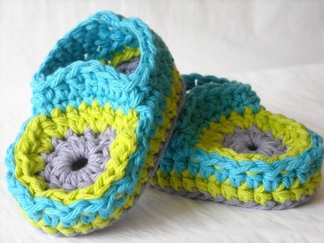 Baby Mocassins Hippie Style 70's Crochet Booties  - Lime Green, Blue and Purple