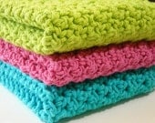 Crochet Dishcloths Cotton Washcloths Bright Blue Bright Pink Lime Green For Kitchen or Bathroom Set of 3
