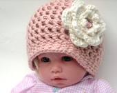 Crochet newborn infant girl hat photo prop Organic cotton beanie with flower you choose color