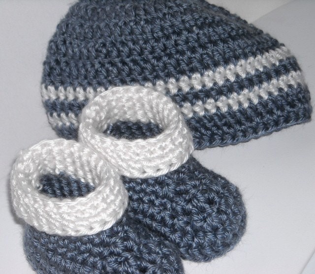 Crochet Cuff Booties and Hat Set 0 to 6 Months Baby Boy Soft Denim Blue Other sizes available