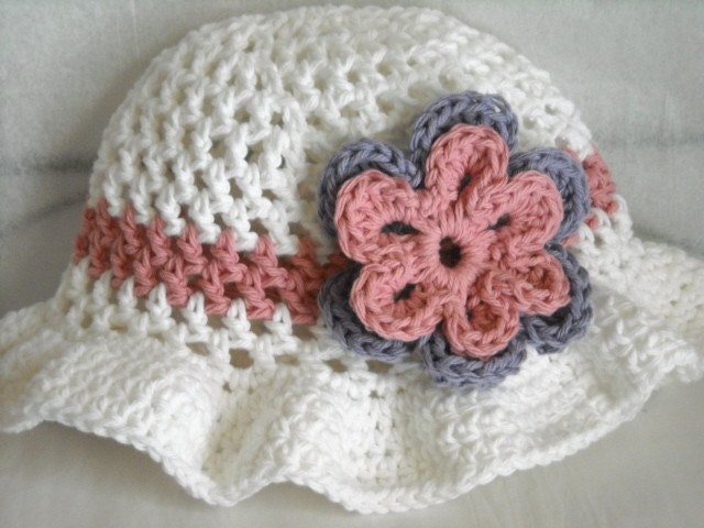 Crochet Floppy Brim Hat in White with Flowers Baby, Toddler, Teen, Adult