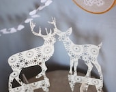 2 transparent acrylic plexi DOILY silhouette ornaments doe and deer CAKE TOPPERS
