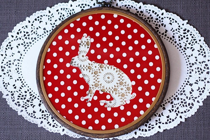 Acrylic doily bunny hoop wall art hanging on red polka dots silhouette ornament