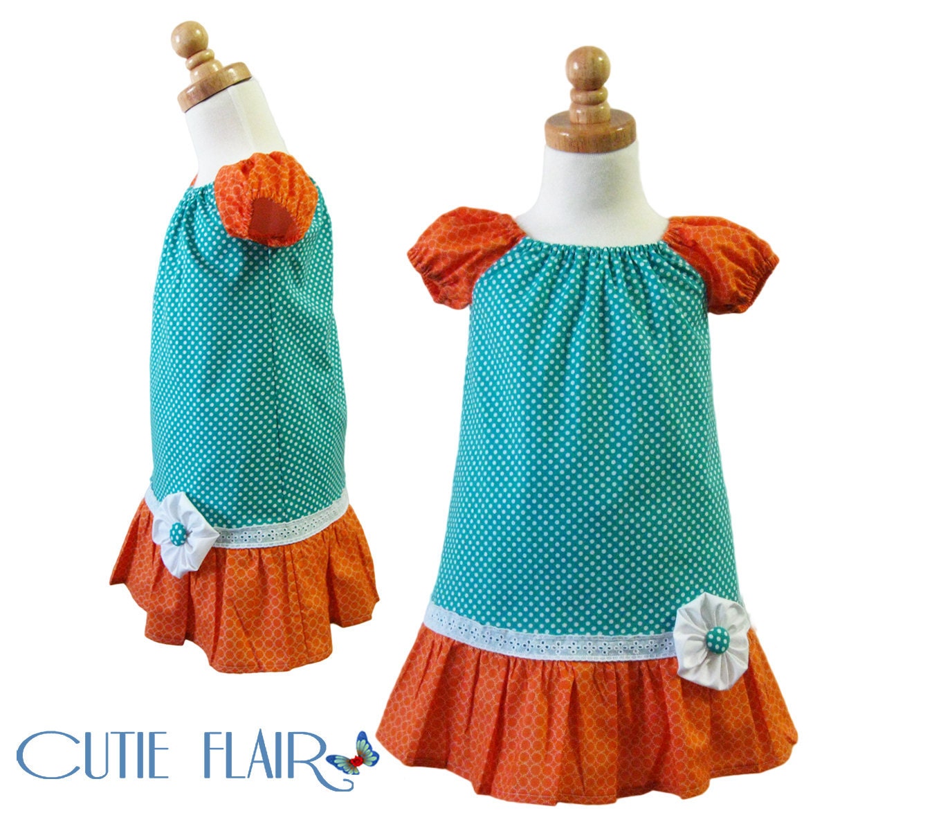 Boutique Style Peasant Dress Teal Polka Dots and Orange Tone Size 2T - ON SALE