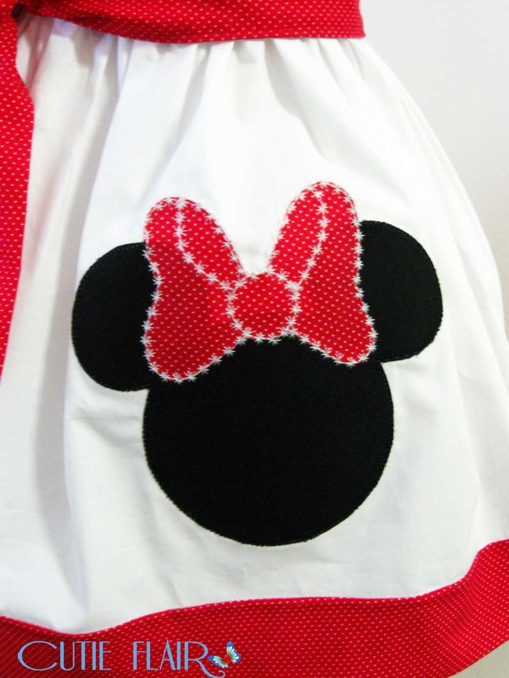 Custom Boutique style Minnie Mouse Peasant Dress Black Polkadots, White and Red with Applique