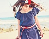 Blue and White Polka Dot Peasant Dress with Red and White Belt.......handmade childrens clothing by laken and lila