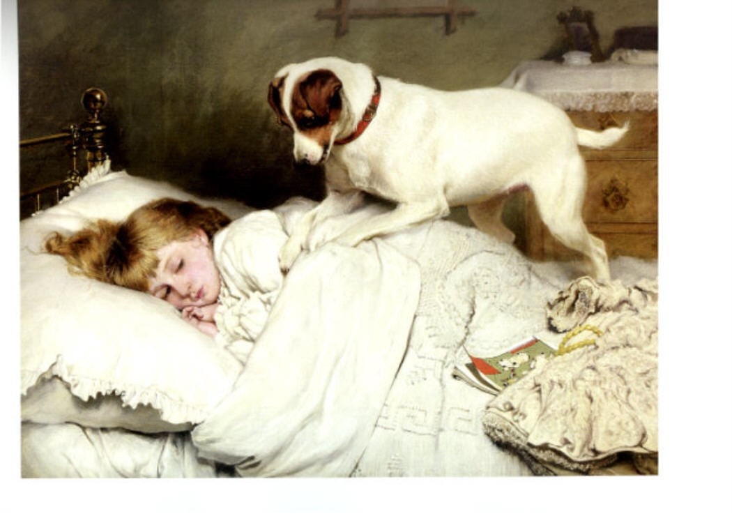 Fox Terrier Dog and Little Girl in Bed Wake Up Fridge Magnet Vintage Terrier Victorian Image