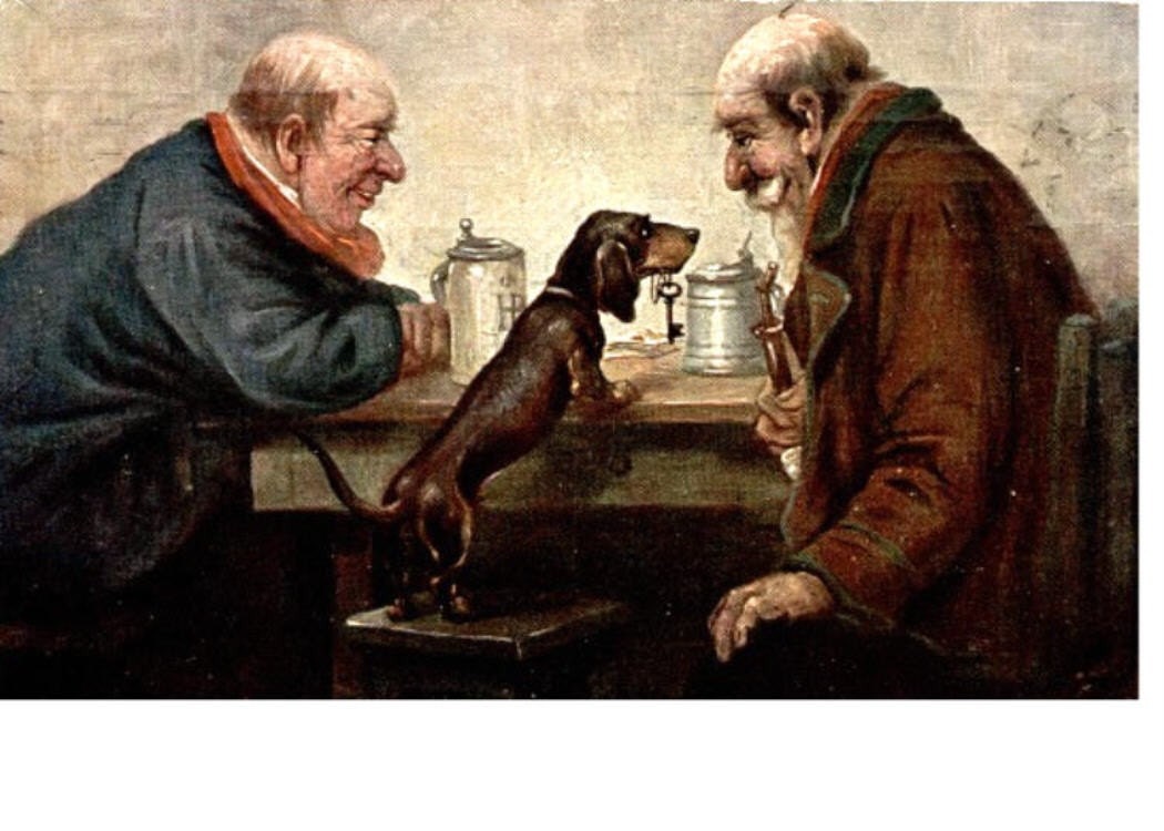 Dachshund Dog And Old Men At Bar Tavern Last Call Card s German Steins Drinking Ale Dog Holds Key