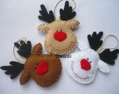 Rudolph the red nosed reindeer, felt Christmas ornament - handmade decorations - set of 3
