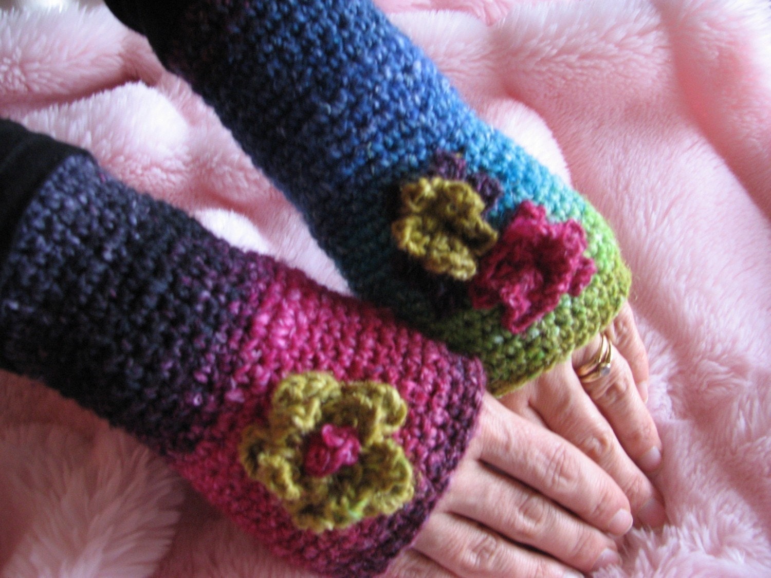 Rainbow Crocheted Fingerless Gloves with Flowers Pattern