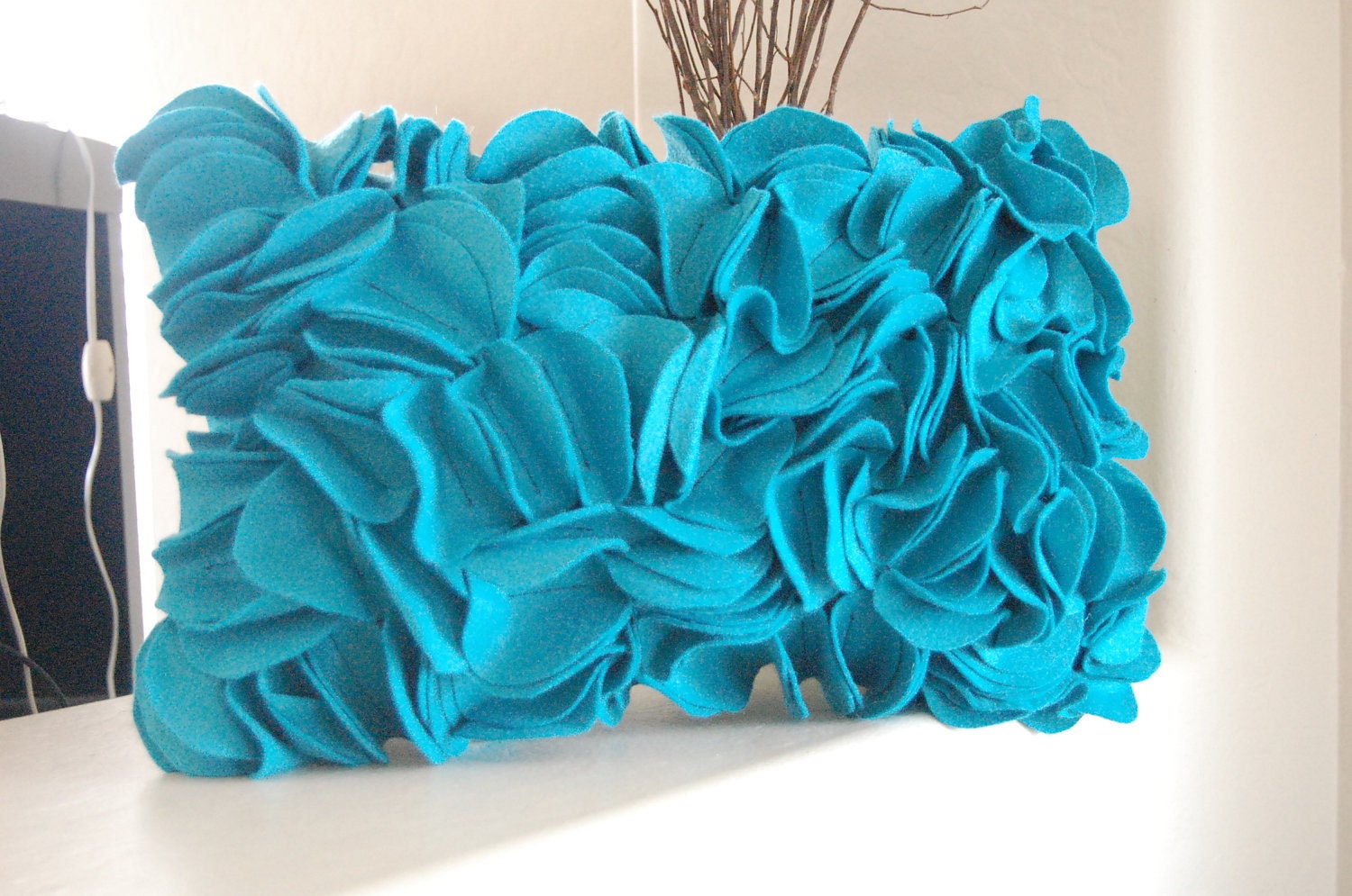 Lumbar Felt Ruffled Pillow in Teal 15x10