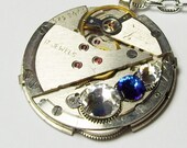 Antique Silver Vintage  17 Jewel  Watch Movement  Blue Swarovski Crystals UNISEX Gothic Steampunk Pendant Necklace (A40)