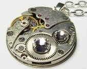 Antique Silver Vintage Swiss Jewel Watch Movement  Swarovski Crystal UNISEX Gothic Steampunk Necklace Pendant  (A15)