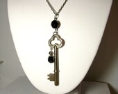 Vintage Antique Silver Skeleton Key Jet Black Swarovski Crystal Neo Victorian Gothic Steampunk  Pendant Necklace