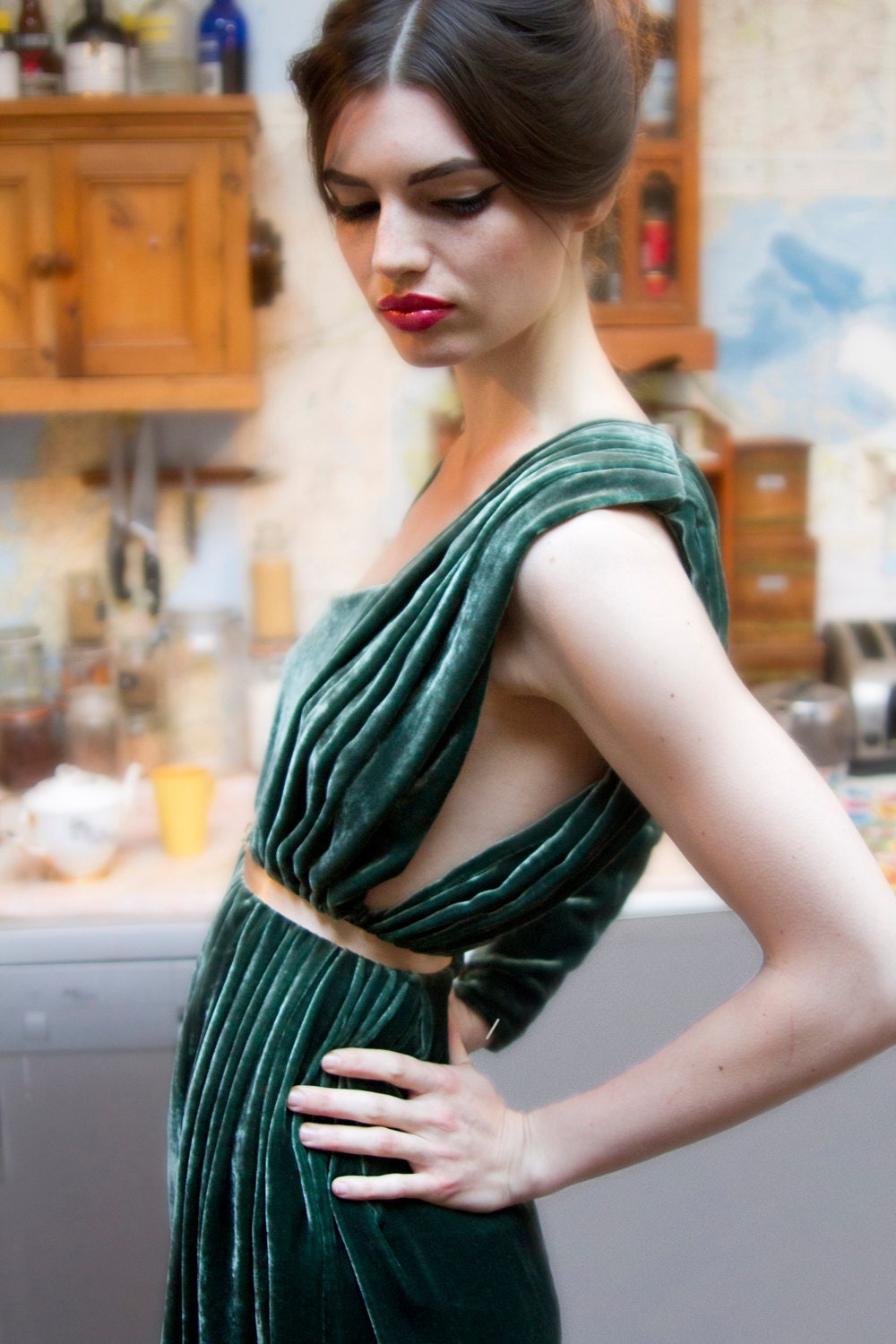 SAMPLE SALE Tilda Green Velvet Assymetrical Long Sleeve Dress