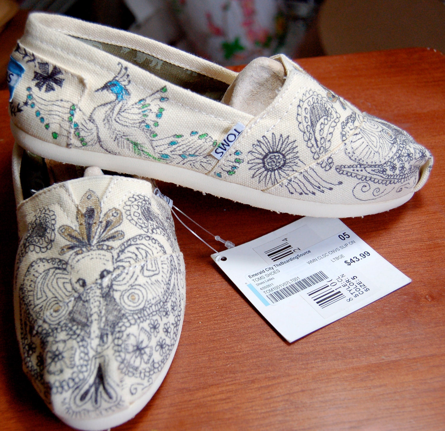 Custom TOMS - Doodle elephants w/peacocks, mendhi inspired, shoes included