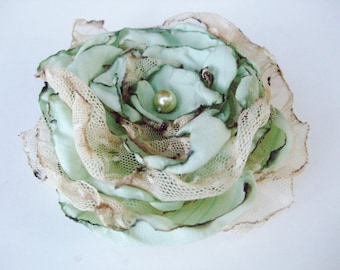 Wedding Hair Flower, Tea Stained Mint Blue Green flower, Made to order