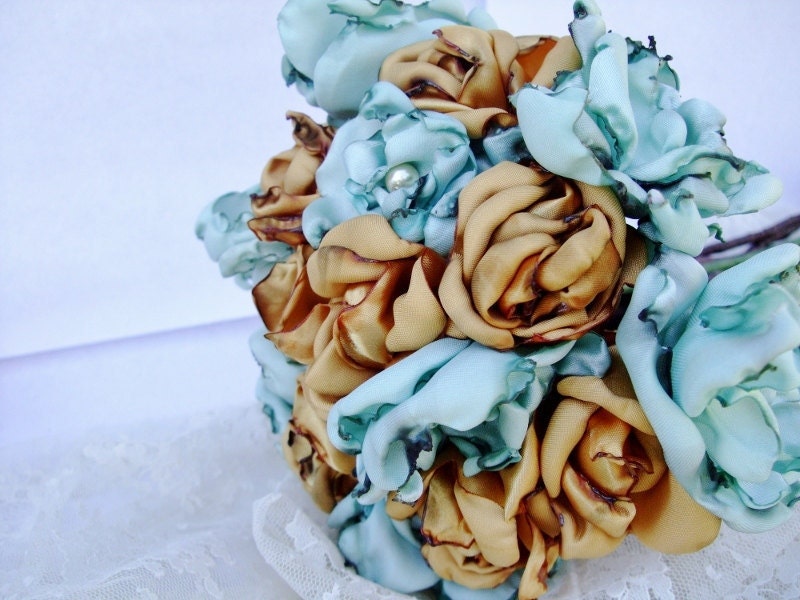 Wedding Bouquet, Wedding Flowers, Boutonnieres, Red, Tea Stained baby blue, golden yellow, and pink flowers, Handmade, made to order