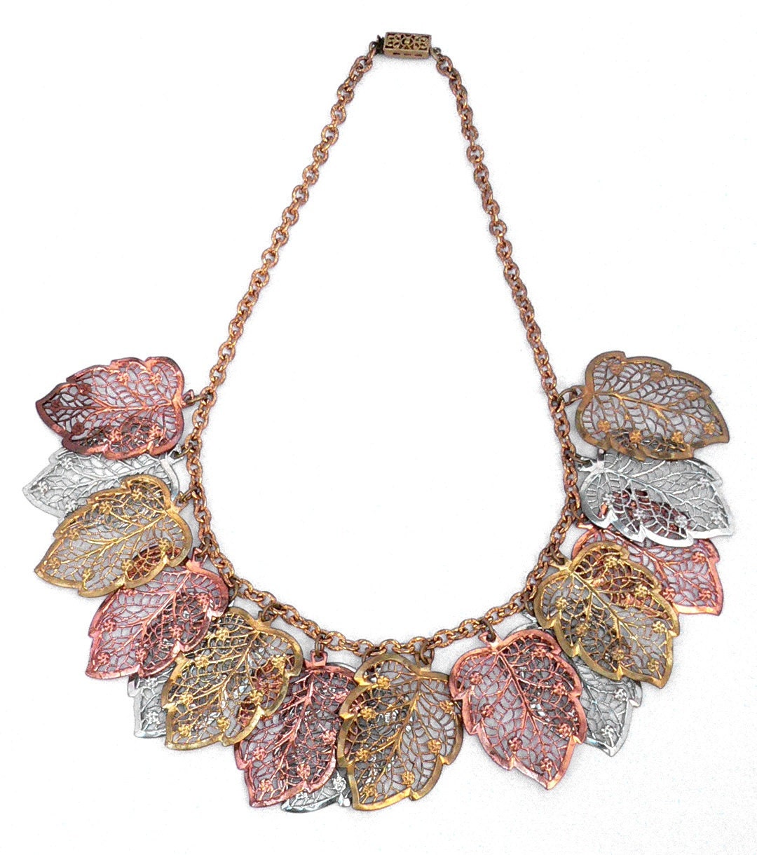 Art Deco Leaf Necklace Signed Czechoslovakia Filigree Metal Brass Copper Rhodium 1920s 1930s