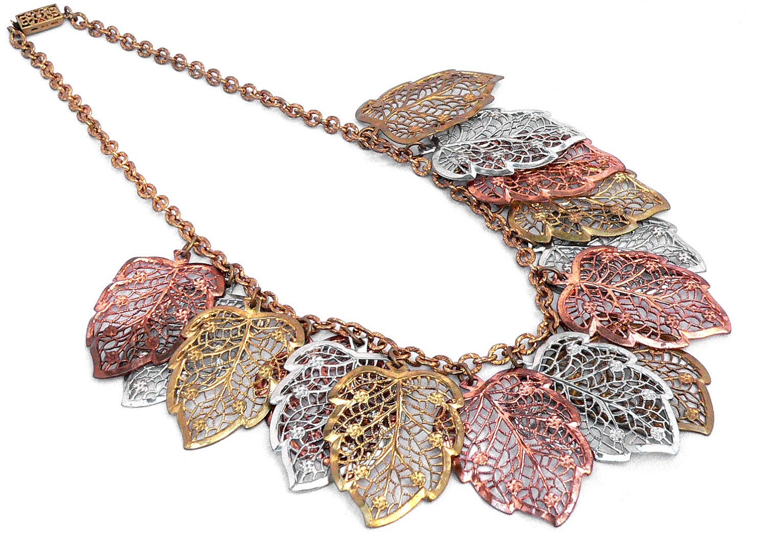 Art Deco Leaf Necklace Signed Czechoslovakia Filigree Metal Brass Copper Rhodium 1920s 1930s