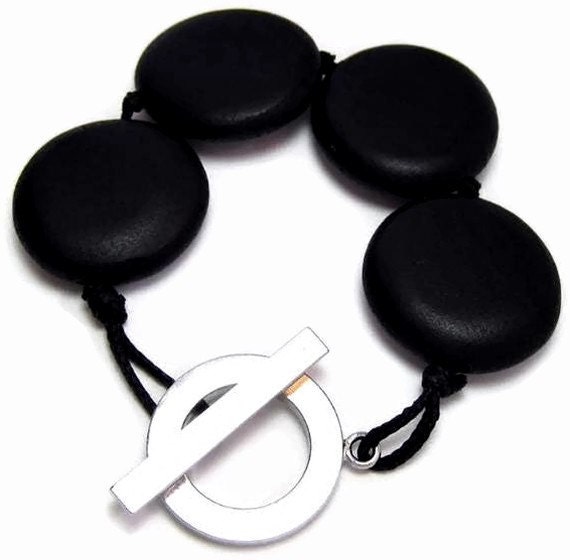 Black Wood Bracelet with Silver Toggle