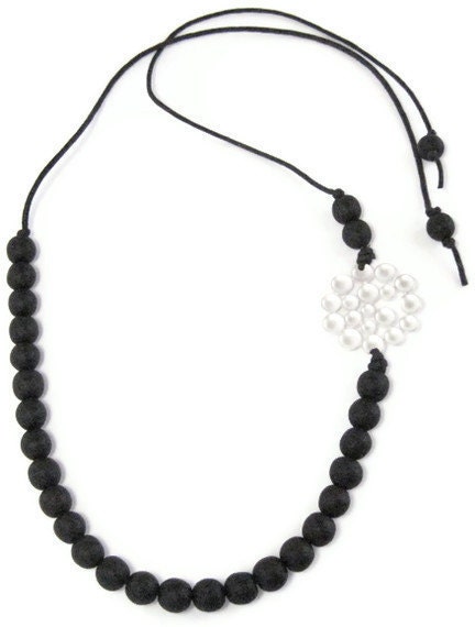 Long Black Resin Beaded Necklace in a Matte Finish with Silver Bubble Connector
