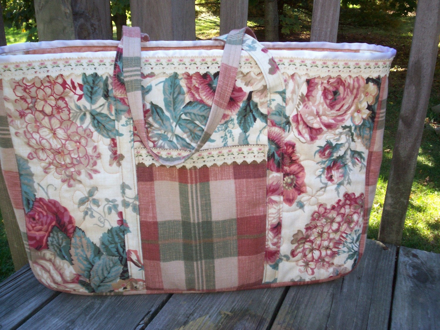 Quilted Floral and Plaid Market Bag