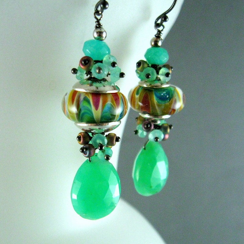 Chrysoprase and Lampwork Beaded Earrings