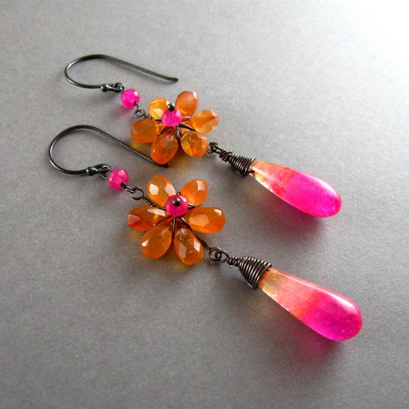 Chalcedony and Carnelian Flower Drop Earrings