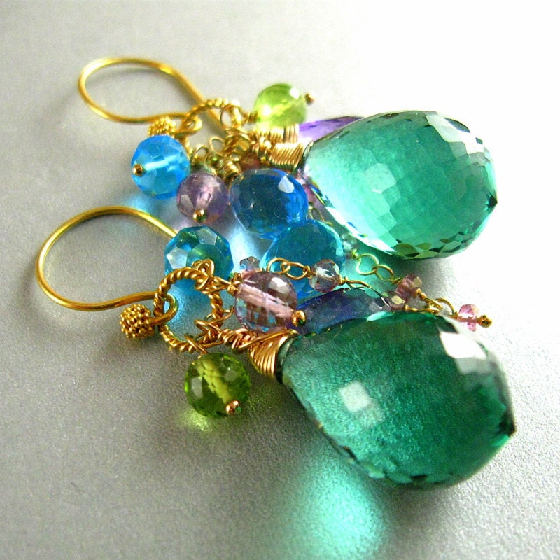 Green Amethyst, Peridot, Topaz Gold Cluster Dangle Earrings