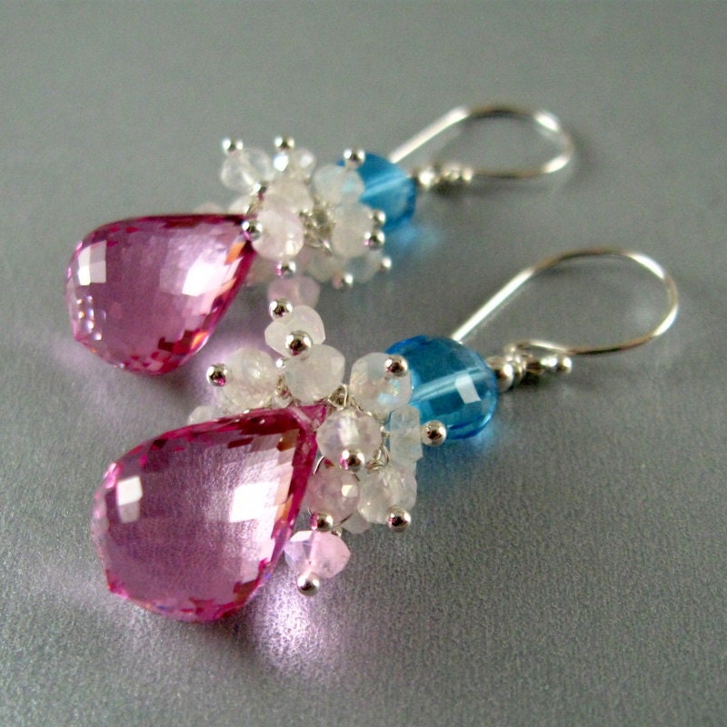 Pink Topaz, Moonstone and Swiss Blue Topaz Sterling Dangle Earrings