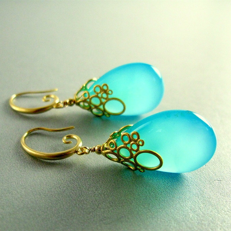Aqua Blue Chalcedony Drop Bubble Earrings