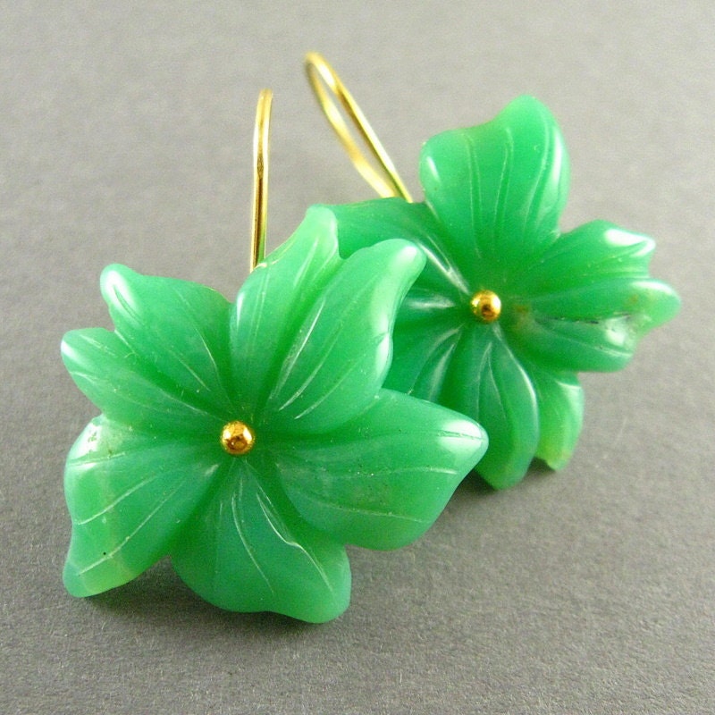 Carved Chrysoprase Flower Earrings