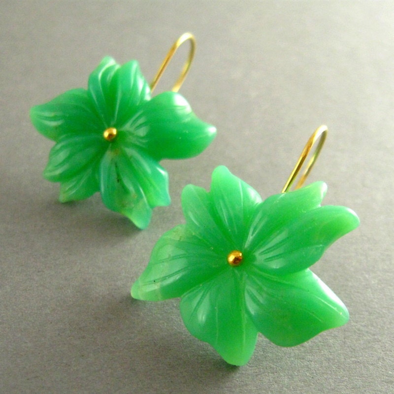 Carved Chrysoprase Flower Earrings