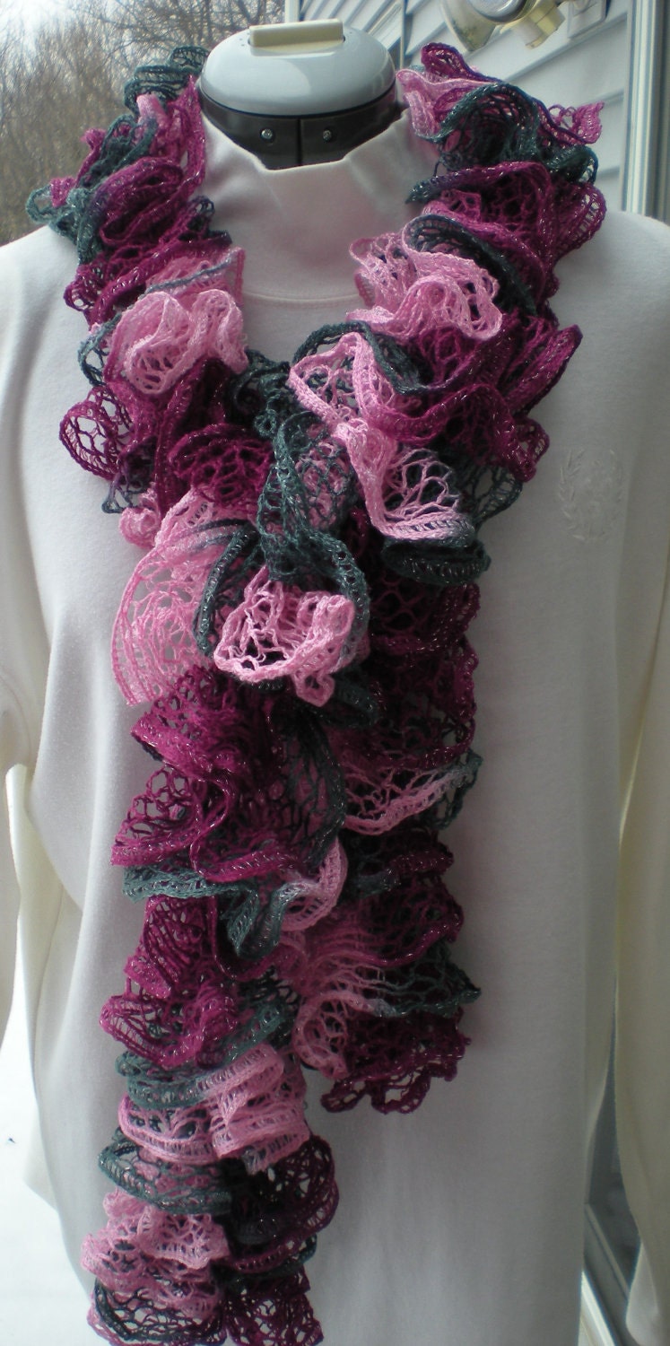 Pink and Gray Knit Ruffle Scarf