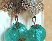 Bubble glass Clip On Earrings Dangle Clip-On Earrings Candy Glass Balls Teal Earrings copper flower clips handmade THREE for TWO E215