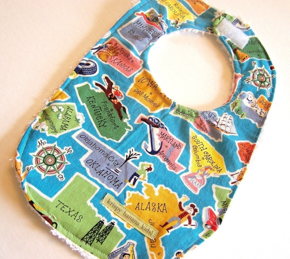 Nifty Fifty United States of America with Capitals Bib for Baby Boy or Baby Girl in Alexander Henry Fabric