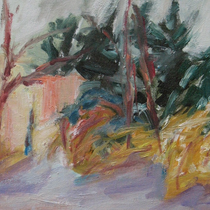 Last Snow ORIGINAL Painting 14 x 11 LANDSCAPE winter trees mauve lavender white