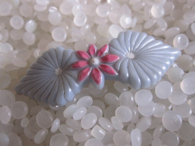 vintage barrette,pretty blue texture leaves with bright pink flowers