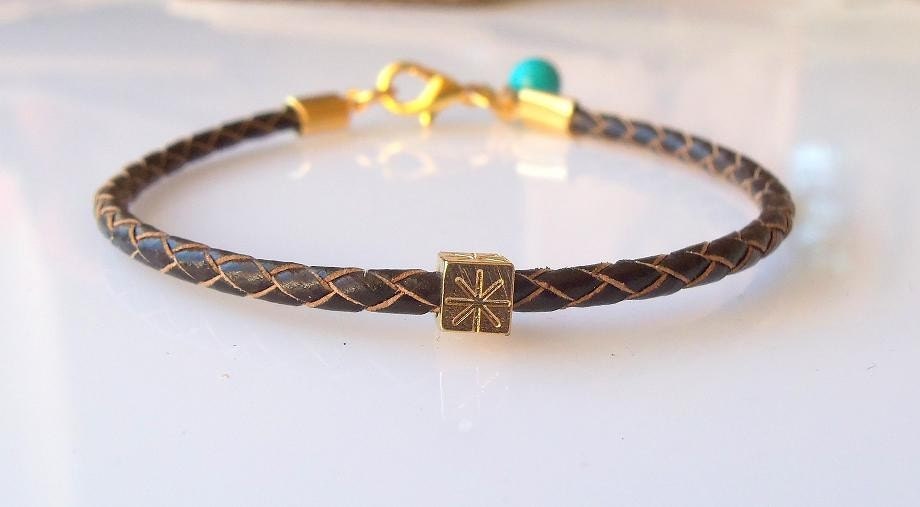 Chocolate Brown  Braided Leather with Gold Cube and Turquoise Bead Bracelet