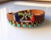 Boho Chic Friendship Bracelet - Light Brown Leather Wrap and Turquoise Woven Crystals