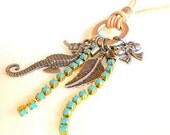 Turquoise Crystals and Antique Silver Charm Natural Leather Cord Necklace, Seahorse, Feather, Fish